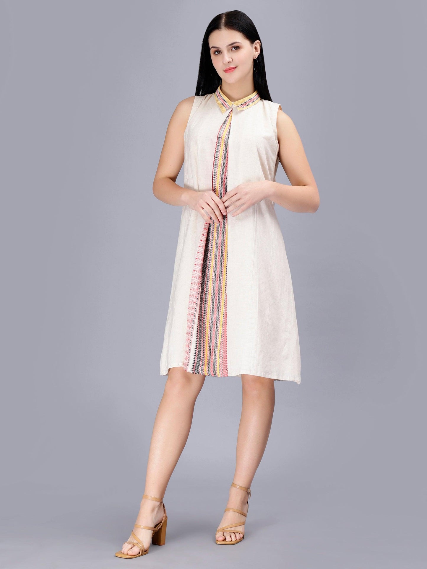 Women's Off White Printed Cotton A-Line Midi Dress - Casual Sleeveless Hook and Eye Closure