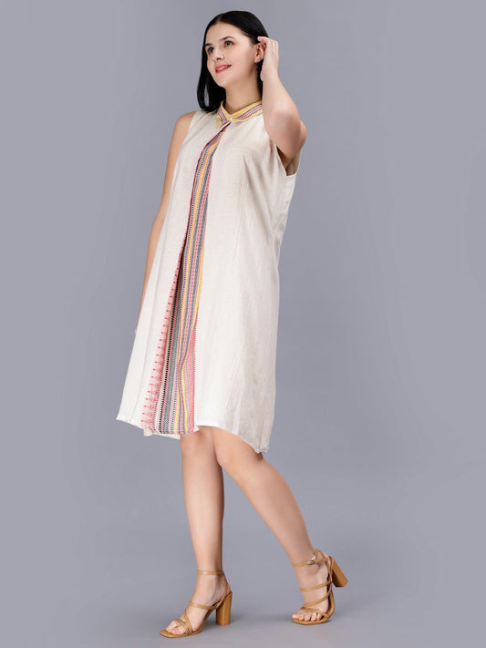 Women's Off White Printed Cotton A-Line Midi Dress - Casual Sleeveless Hook and Eye Closure