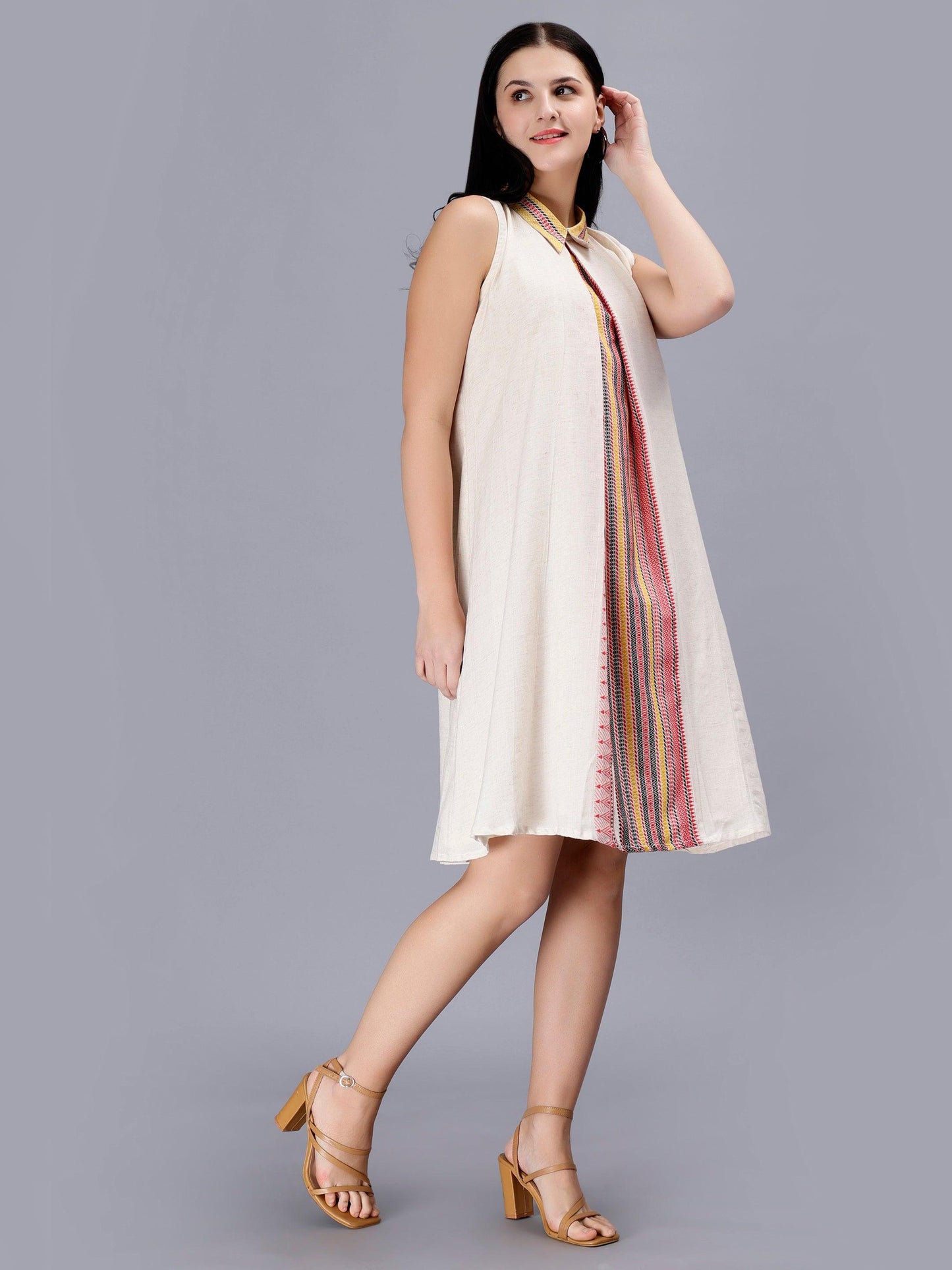 Women's Off White Printed Cotton A-Line Midi Dress - Casual Sleeveless Hook and Eye Closure