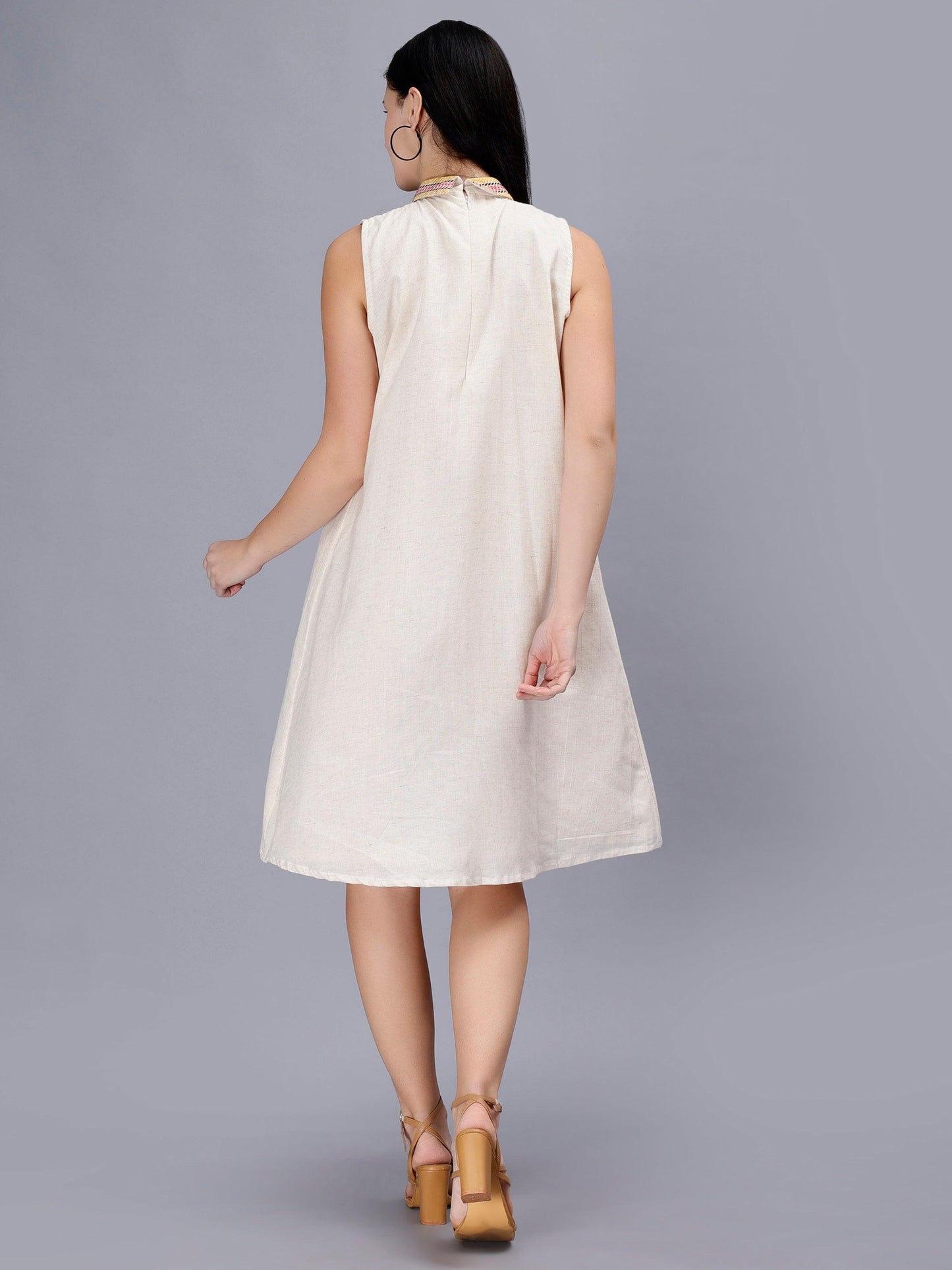 Women's Off White Printed Cotton A-Line Midi Dress - Casual Sleeveless Hook and Eye Closure