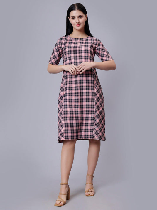 Women's Pink Checked Cotton A-Line Midi Dress - Casual Short Sleeves Round Neck