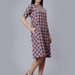 Women's Pink Checked Cotton A-Line Midi Dress - Casual Short Sleeves Round Neck