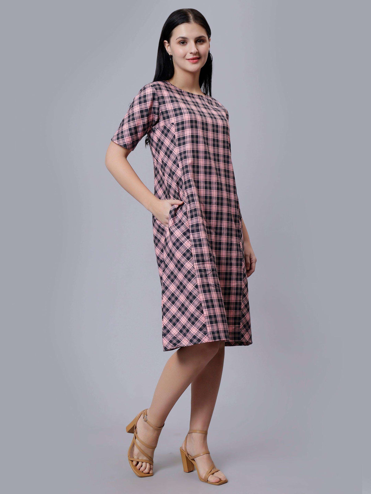 Women's Pink Checked Cotton A-Line Midi Dress - Casual Short Sleeves Round Neck