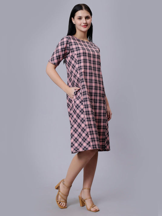 Women's Pink Checked Cotton A-Line Midi Dress - Casual Short Sleeves Round Neck