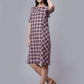 Women's Pink Checked Cotton A-Line Midi Dress - Casual Short Sleeves Round Neck