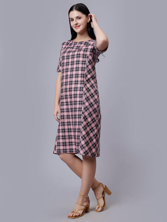 Women's Pink Checked Cotton A-Line Midi Dress - Casual Short Sleeves Round Neck