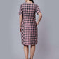 Women's Pink Checked Cotton A-Line Midi Dress - Casual Short Sleeves Round Neck