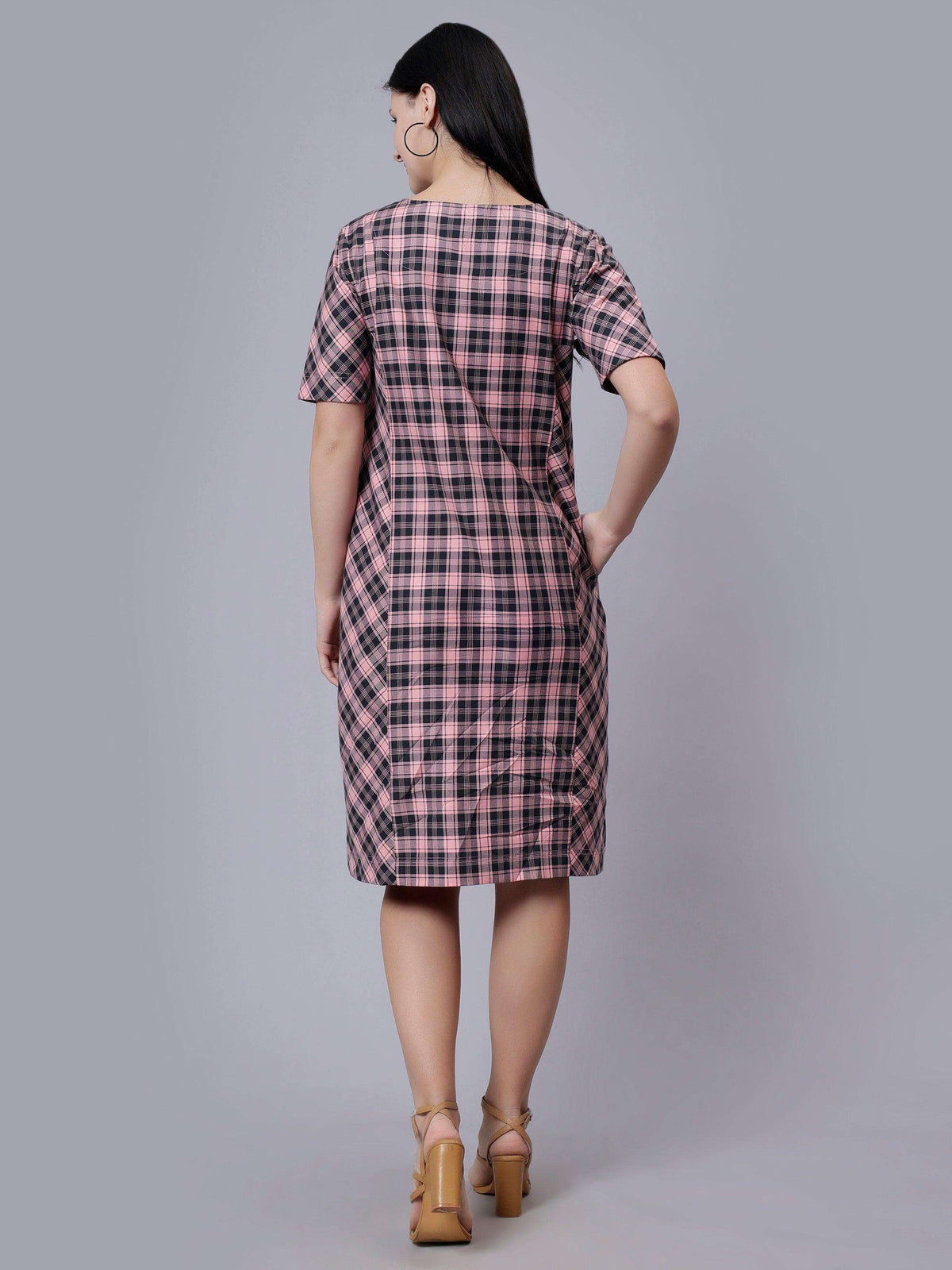 Women's Pink Checked Cotton A-Line Midi Dress - Casual Short Sleeves Round Neck