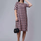 Women's Pink Checked Cotton A-Line Midi Dress - Casual Short Sleeves Round Neck