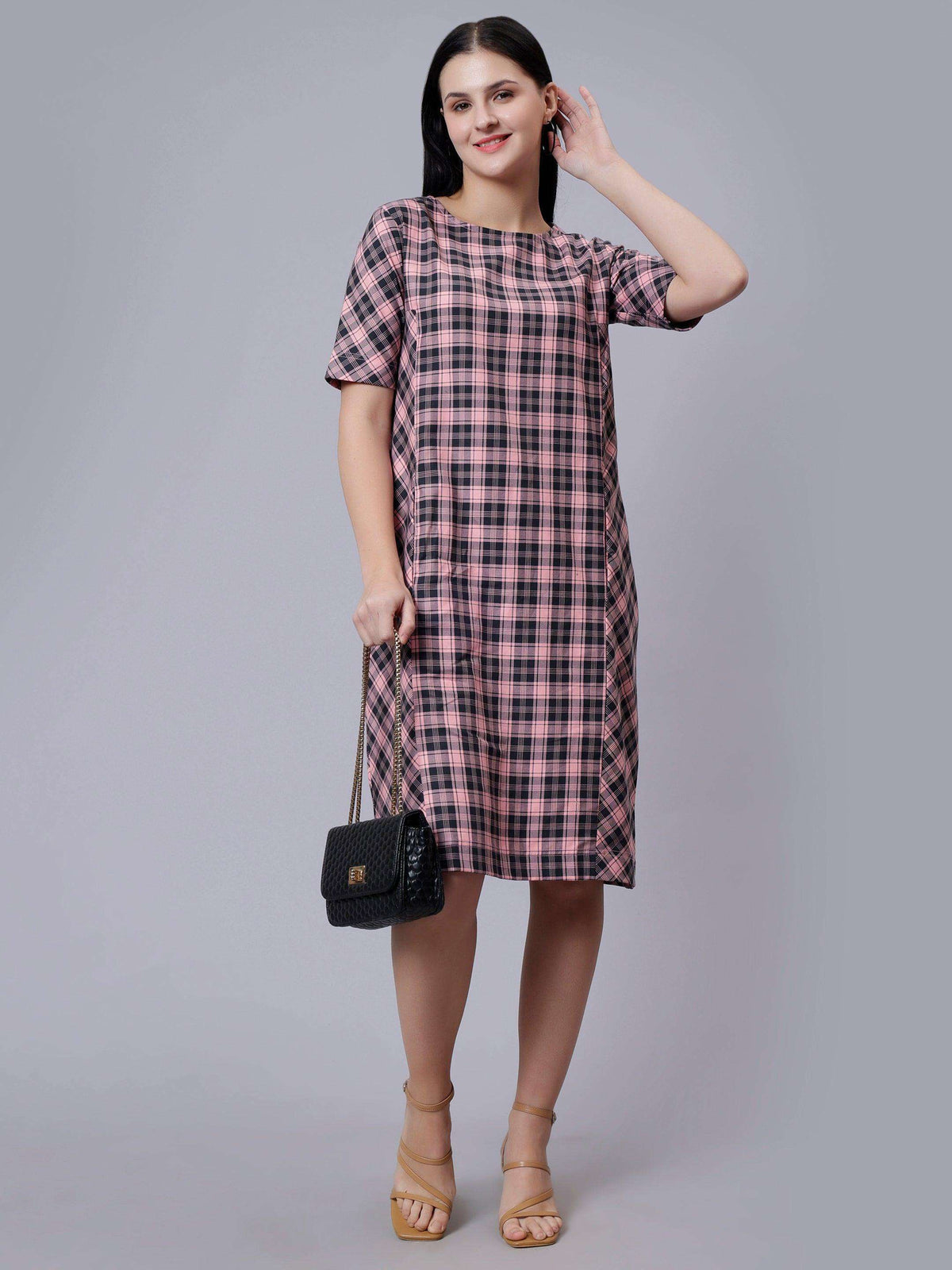 Women's Pink Checked Cotton A-Line Midi Dress - Casual Short Sleeves Round Neck