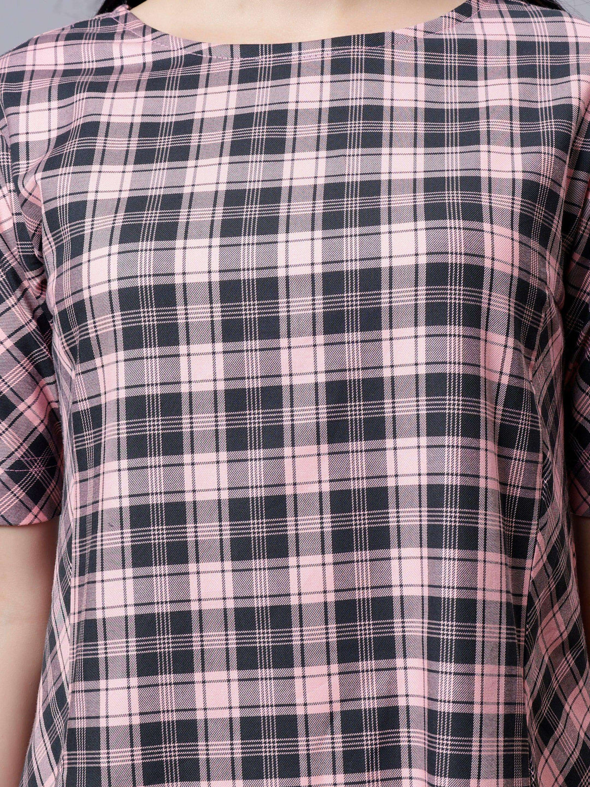 Women's Pink Checked Cotton A-Line Midi Dress - Casual Short Sleeves Round Neck