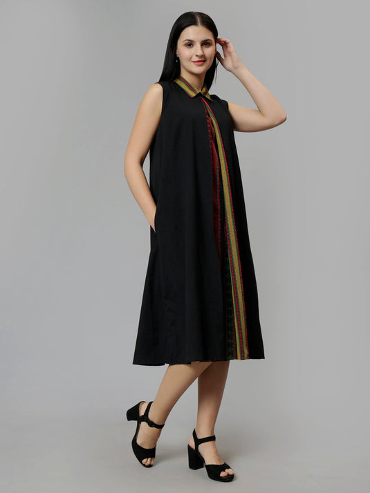 Women's Black Printed Cotton A-Line Midi Dress - Casual Sleeveless Hook and Eye Closure