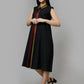 Women's Black Printed Cotton A-Line Midi Dress - Casual Sleeveless Hook and Eye Closure