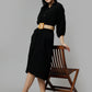 Women's Black Cotton Solid A-Line Midi Dress - Casual Three-Quarter Sleeves Button Closure