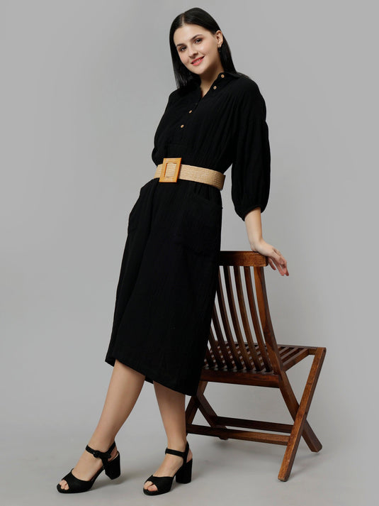 Women's Black Cotton Solid A-Line Midi Dress - Casual Three-Quarter Sleeves Button Closure