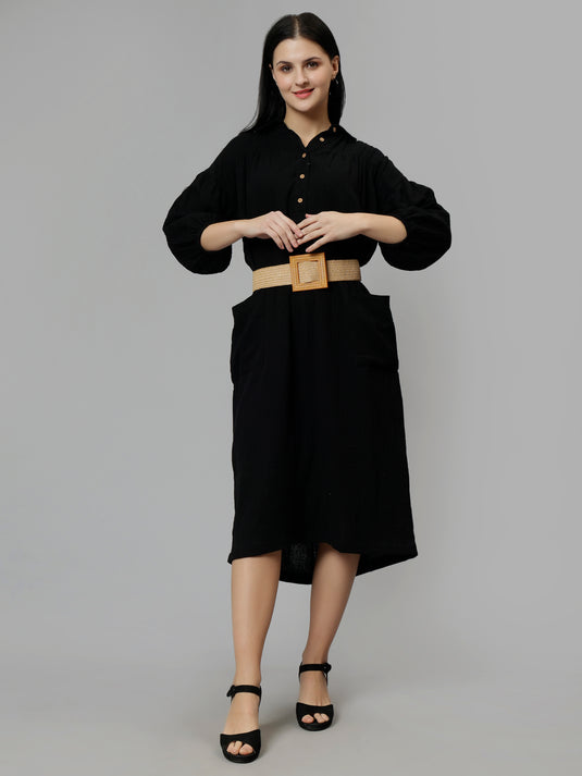 Classic Black dress in double cloth cotton with Belt