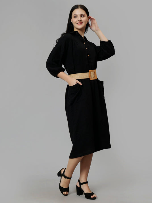 Women's Black Cotton Solid A-Line Midi Dress - Casual Three-Quarter Sleeves Button Closure