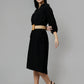 Women's Black Cotton Solid A-Line Midi Dress - Casual Three-Quarter Sleeves Button Closure
