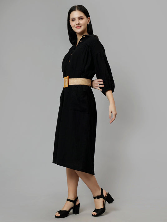 Women's Black Cotton Solid A-Line Midi Dress - Casual Three-Quarter Sleeves Button Closure