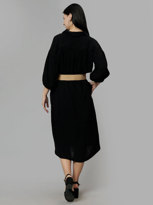 Women's Black Cotton Solid A-Line Midi Dress - Casual Three-Quarter Sleeves Button Closure