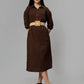 Women's Brown Cotton Solid A-Line Midi Dress - Casual Three-Quarter Sleeves Button Closure