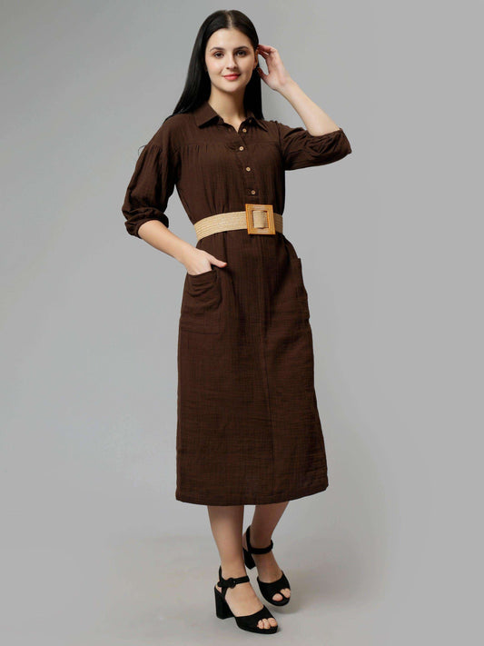 brown dress with belt Long poplin dress with belt Woman, Brown