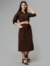 Women's Brown Cotton Solid A-Line Midi Dress - Casual Three-Quarter Sleeves Button Closure