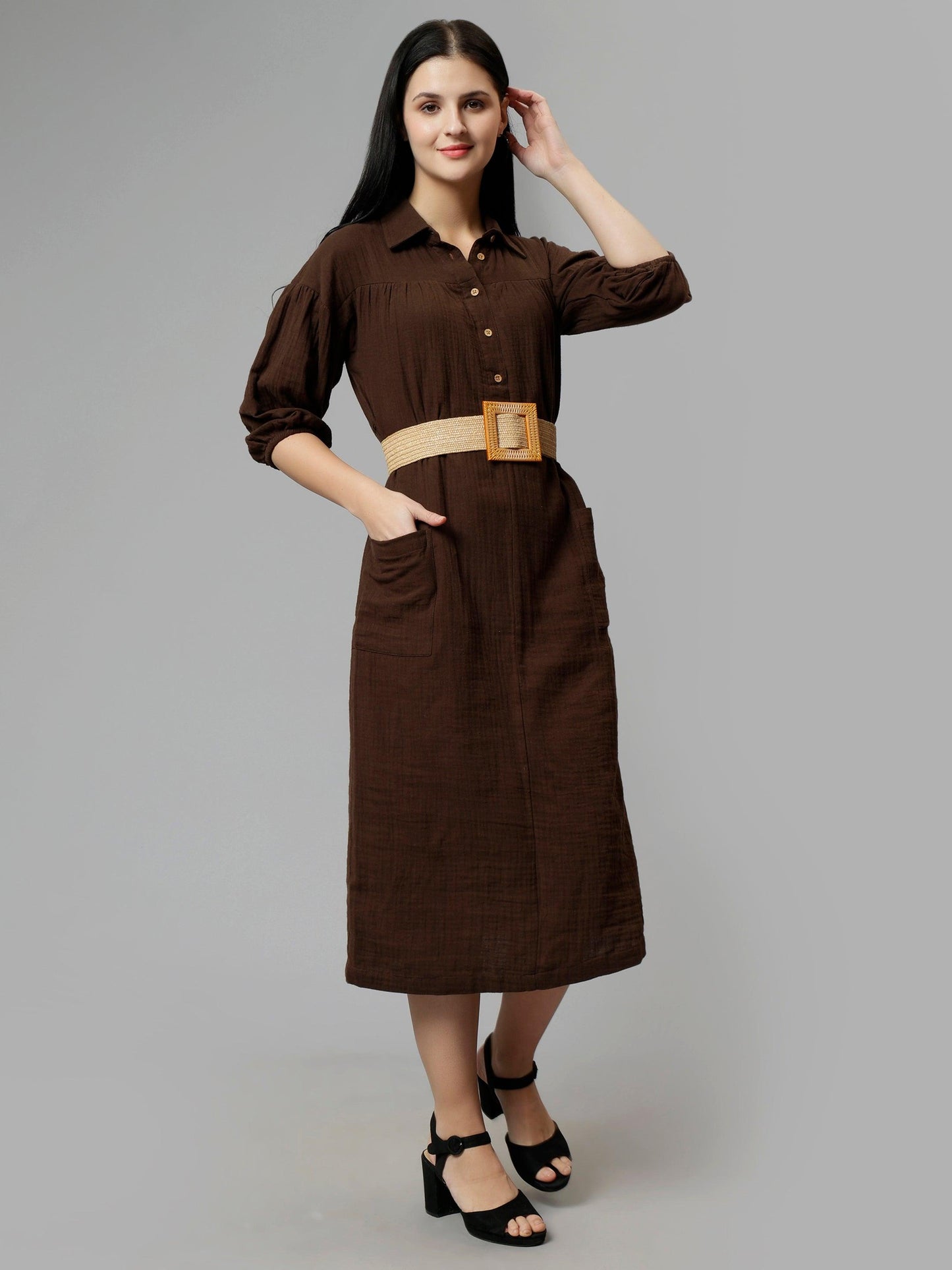 Women's Brown Cotton Solid A-Line Midi Dress - Casual Three-Quarter Sleeves Button Closure