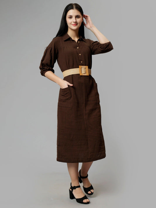 Women's Brown Cotton Solid A-Line Midi Dress - Casual Three-Quarter Sleeves Button Closure