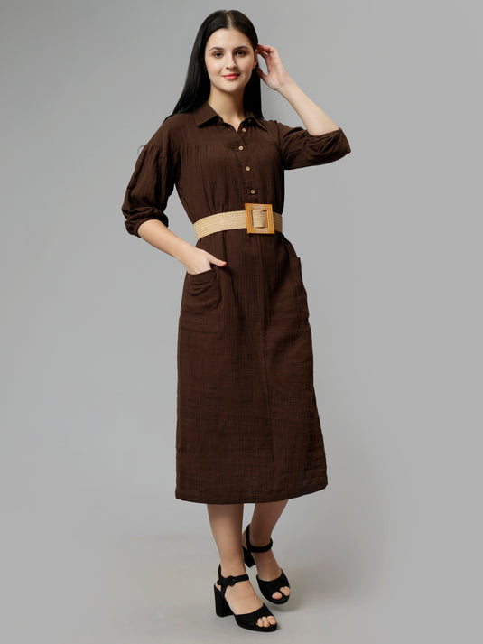 Classic Brown dress in double cloth cotton with Belt