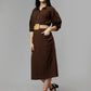 Women's Brown Cotton Solid A-Line Midi Dress - Casual Three-Quarter Sleeves Button Closure
