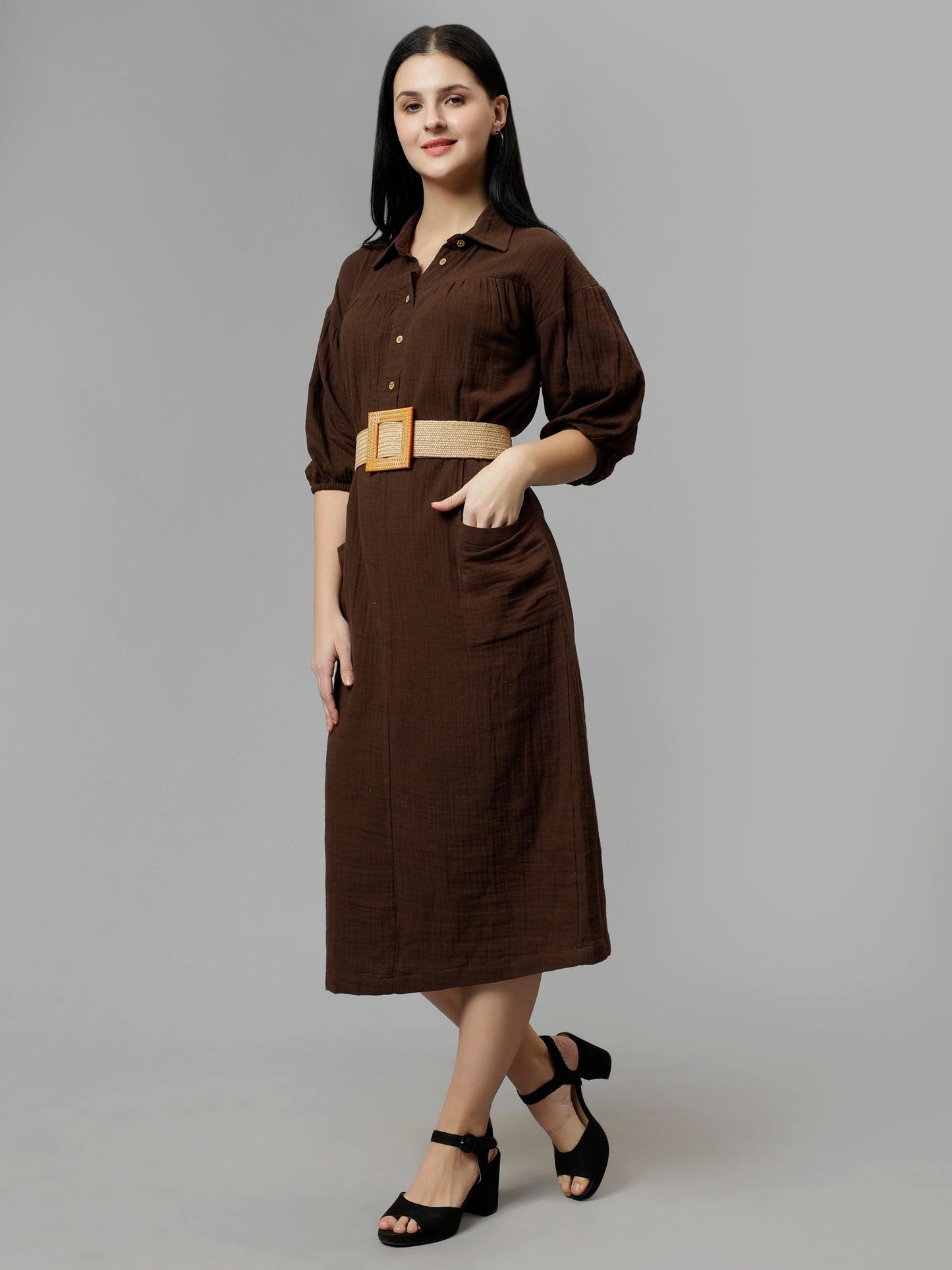 Women's Brown Cotton Solid A-Line Midi Dress - Casual Three-Quarter Sleeves Button Closure