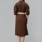 Women's Brown Cotton Solid A-Line Midi Dress - Casual Three-Quarter Sleeves Button Closure