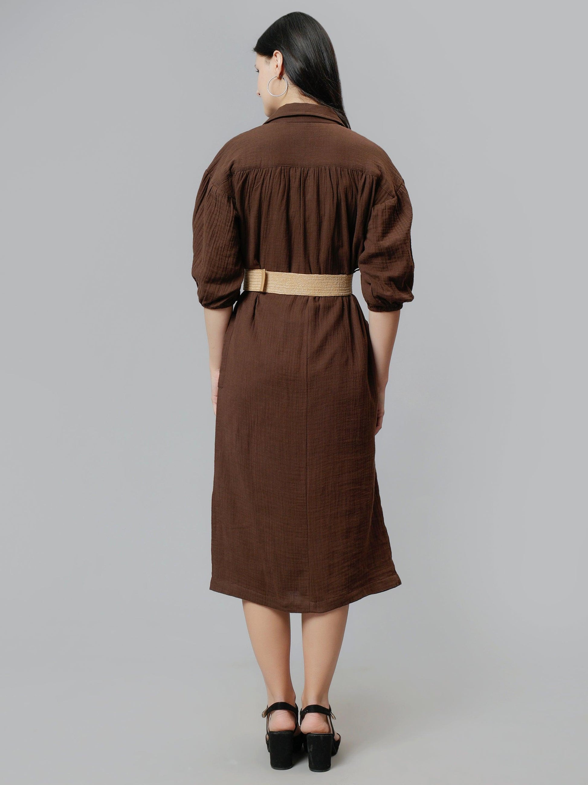 Brown Cotton Solid A-Line Midi Dress Indyvarna Brown Cotton Solid A-Line Midi Dress Indyvarna