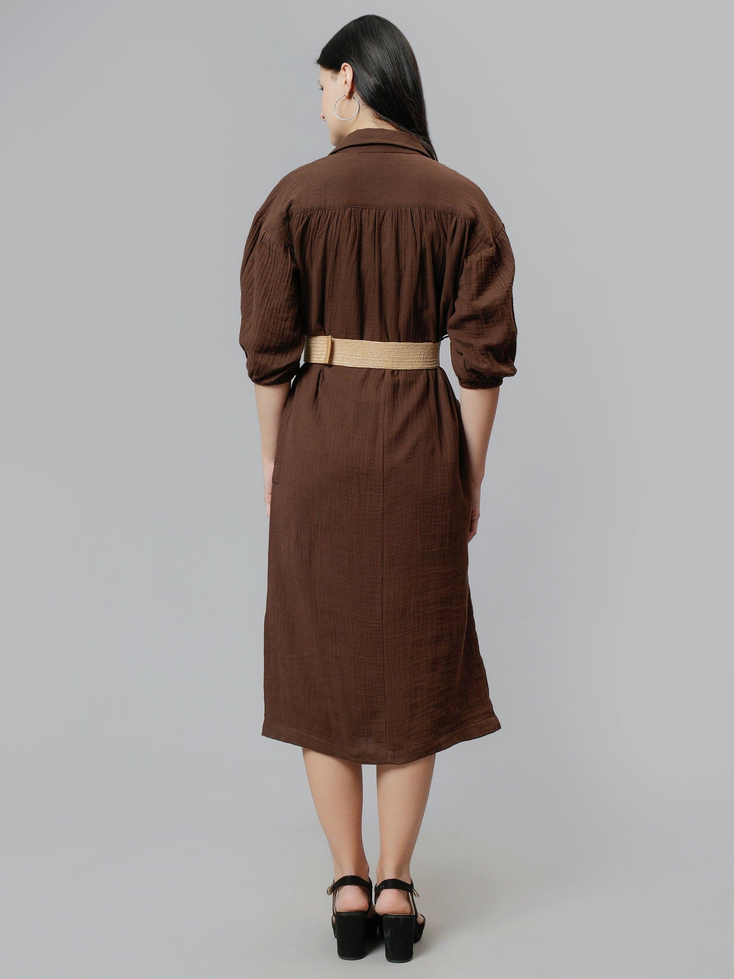 Women's Brown Cotton Solid A-Line Midi Dress - Casual Three-Quarter Sleeves Button Closure
