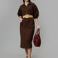 Women's Brown Cotton Solid A-Line Midi Dress - Casual Three-Quarter Sleeves Button Closure