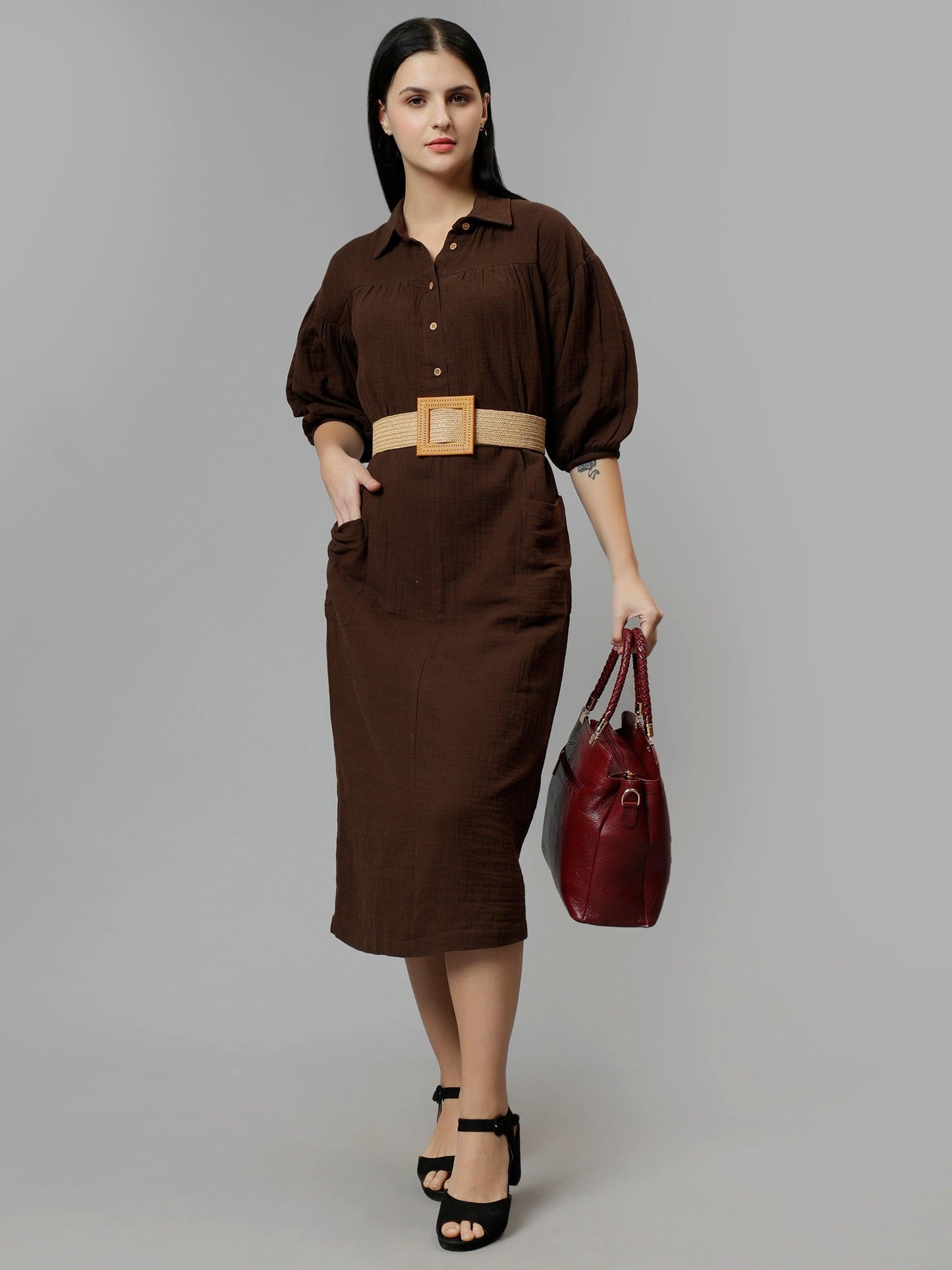 Women's Brown Cotton Solid A-Line Midi Dress - Casual Three-Quarter Sleeves Button Closure