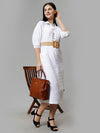 Women's White Solid A-Line Midi Dress - Casual Three-Quarter Sleeves Button Closure