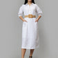Women's White Solid A-Line Midi Dress - Casual Three-Quarter Sleeves Button Closure
