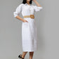 Women's White Solid A-Line Midi Dress - Casual Three-Quarter Sleeves Button Closure