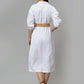 Women's White Solid A-Line Midi Dress - Casual Three-Quarter Sleeves Button Closure