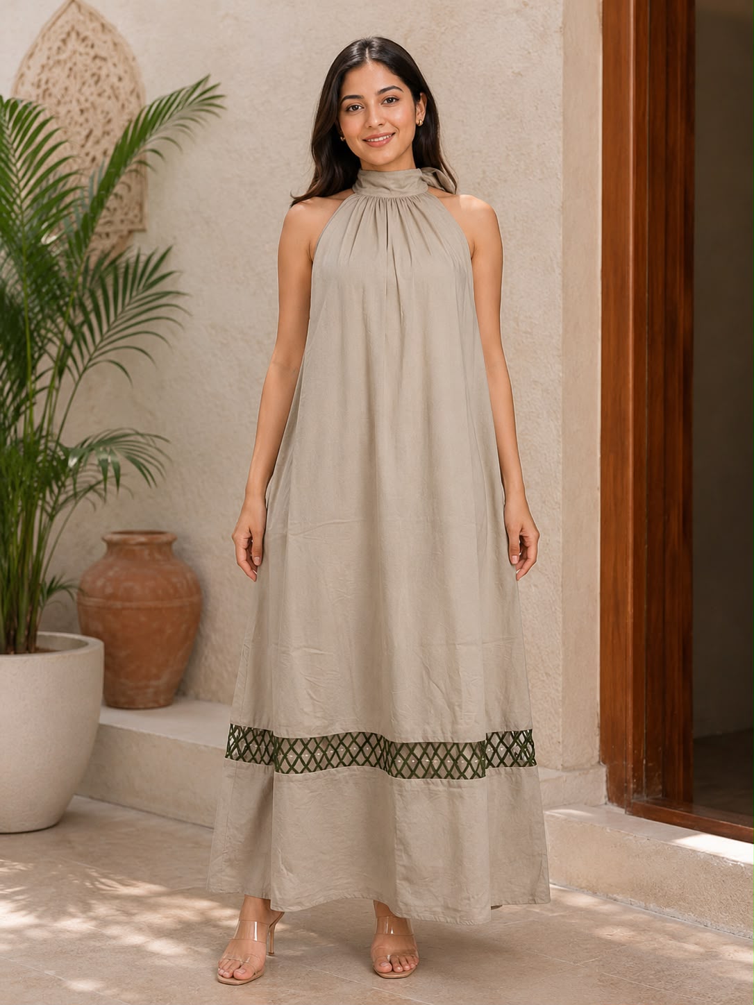 Beige Mulmul Cutwork Halter Neck Dress