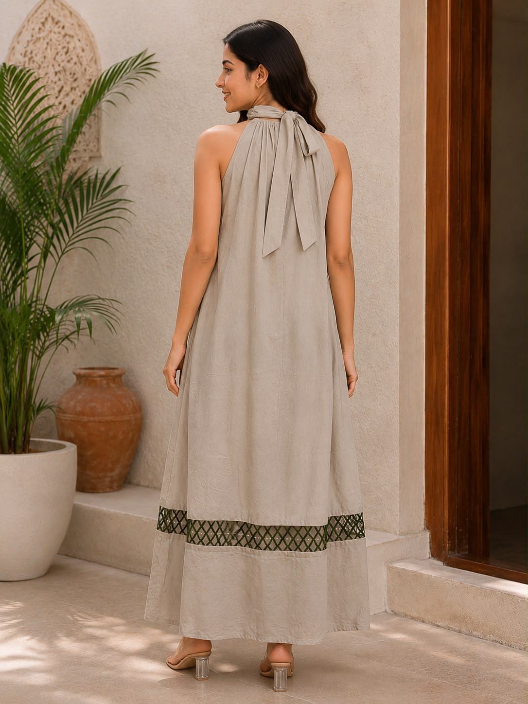 Beige Mulmul Cutwork Halter Neck Dress