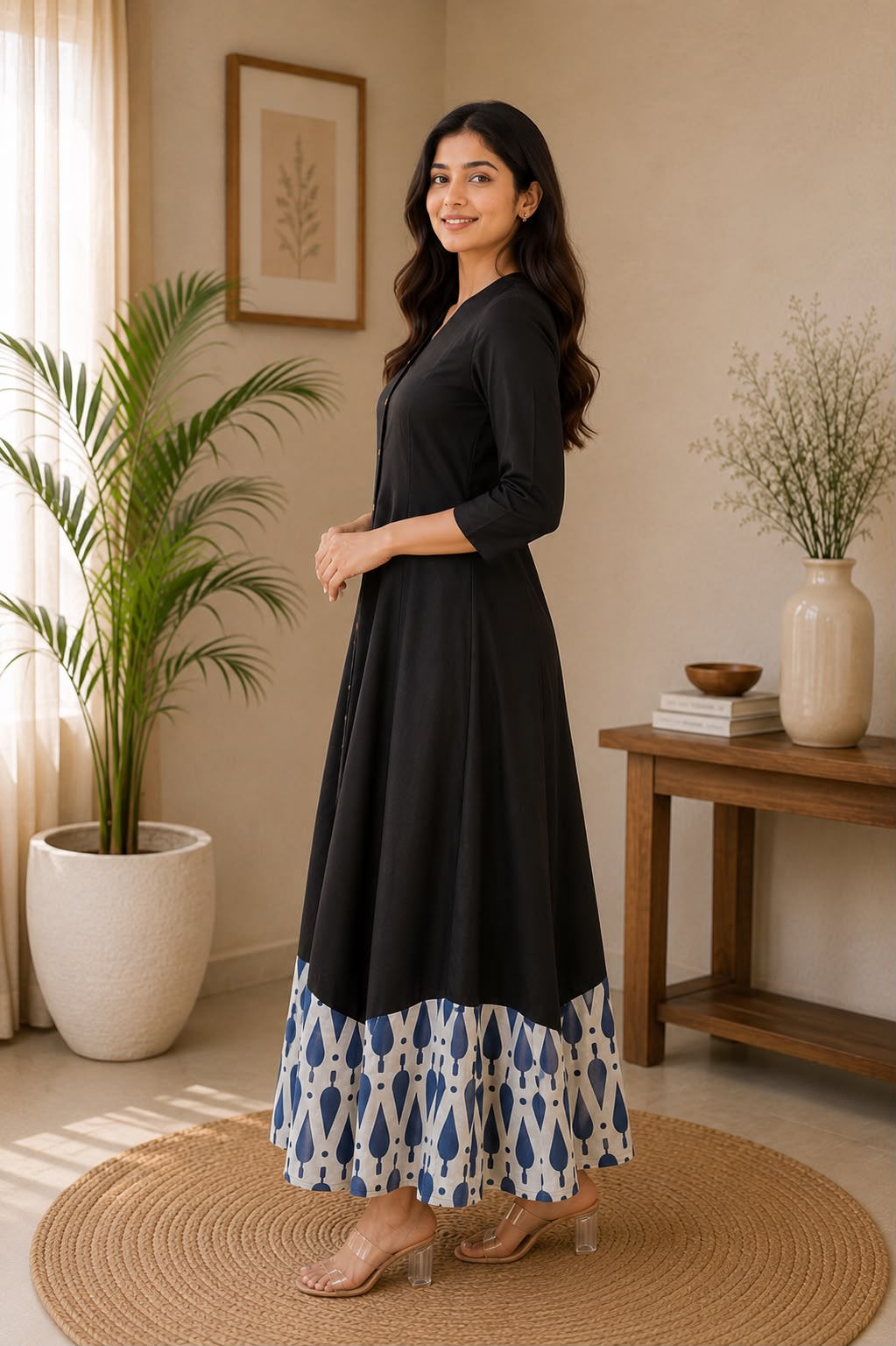 Hand-Loomed Indigo Hem Cotton A-Line Midi Dress in Black
