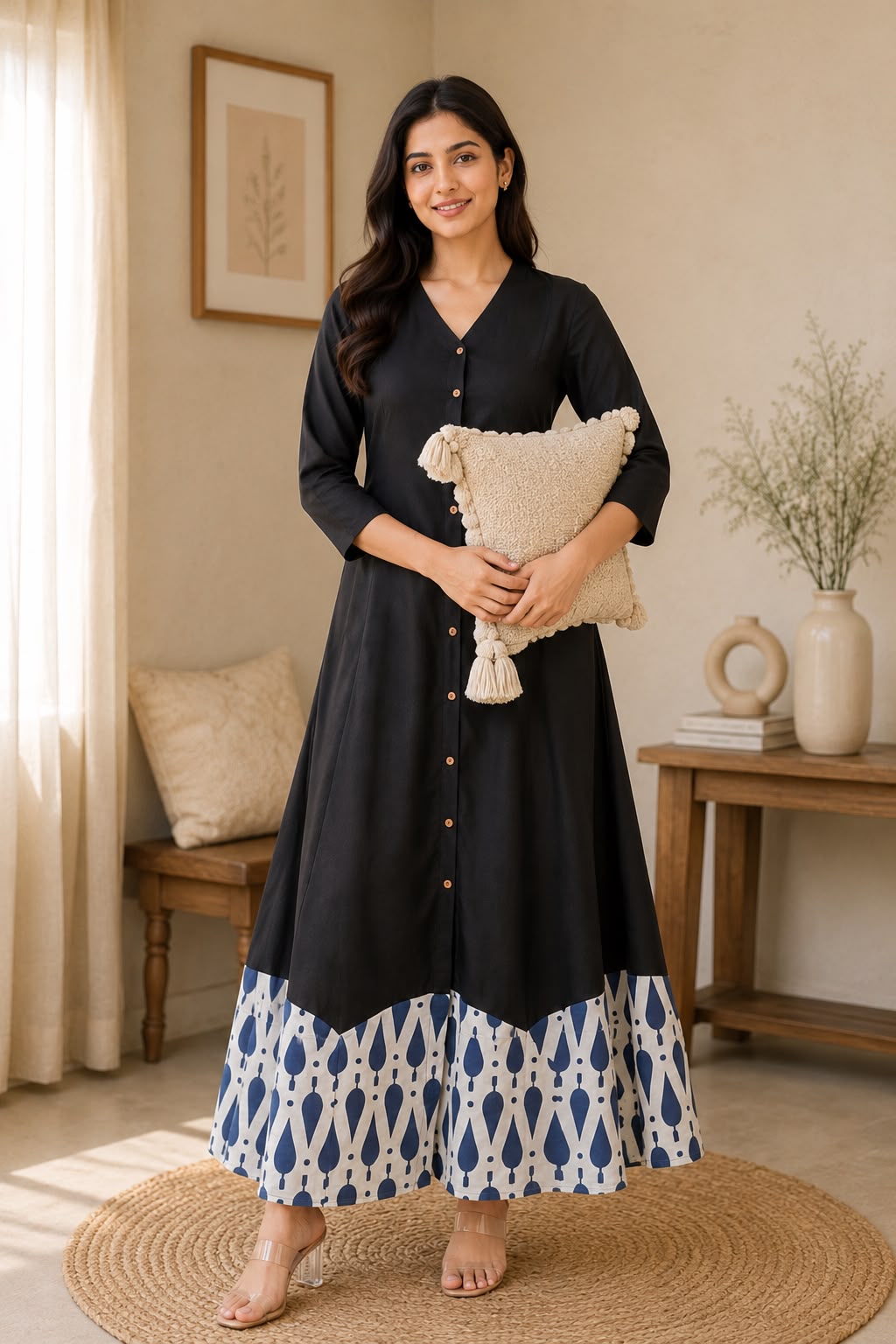 Hand-Loomed Indigo Hem Cotton A-Line Midi Dress in Black