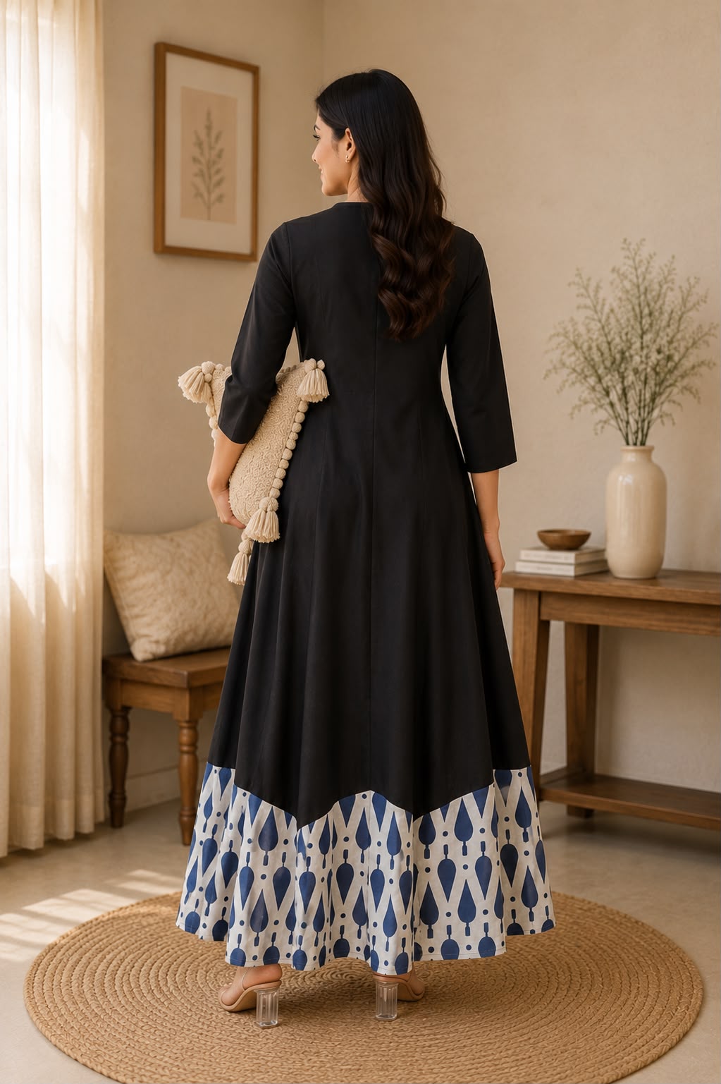 Hand-Loomed Indigo Hem Cotton A-Line Midi Dress in Black