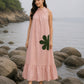 Blush Pink MulMul Halter Neck Floral Applique work Maxi Dress