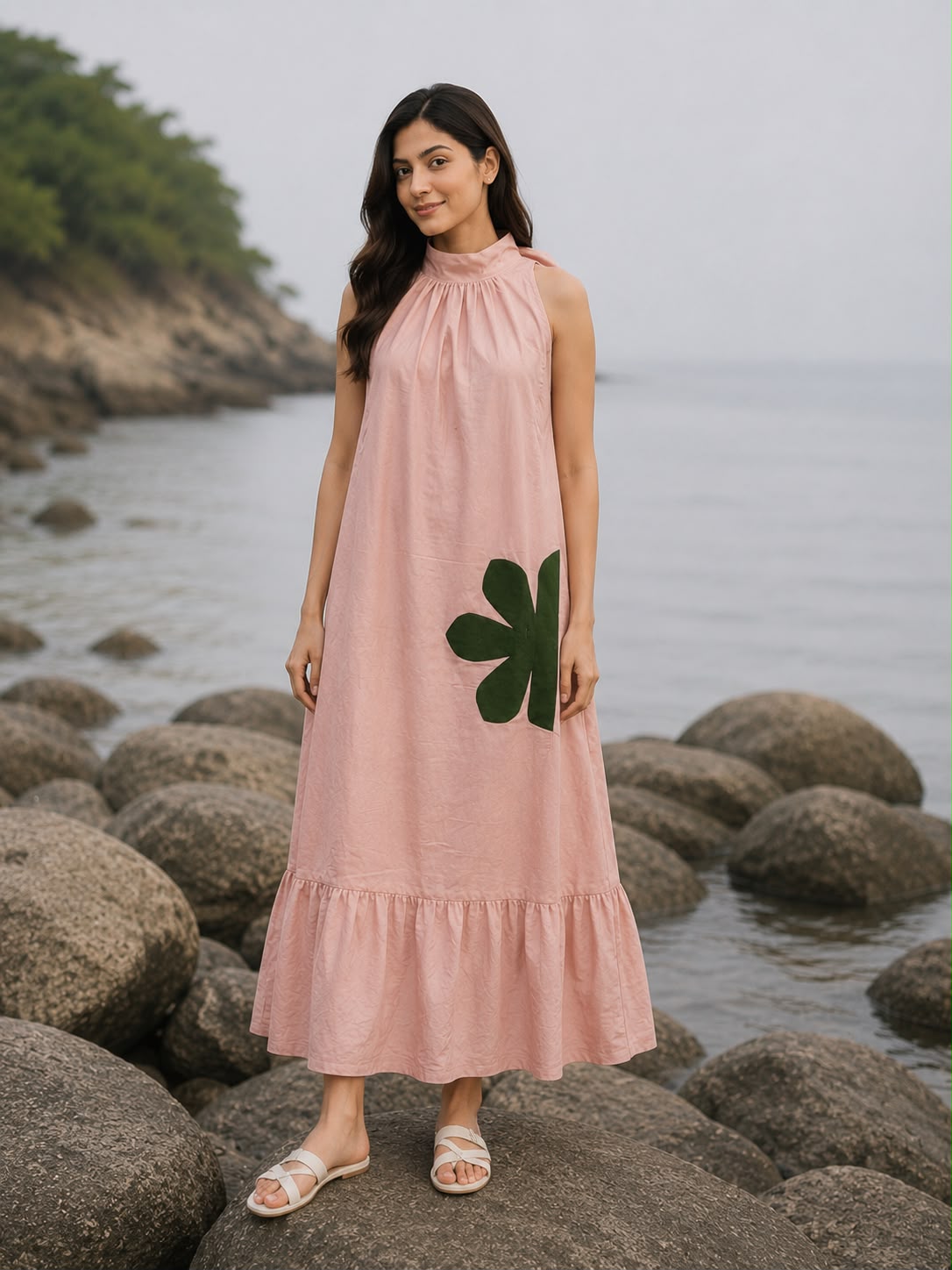 Blush Pink MulMul Halter Neck Floral Applique work Maxi Dress
