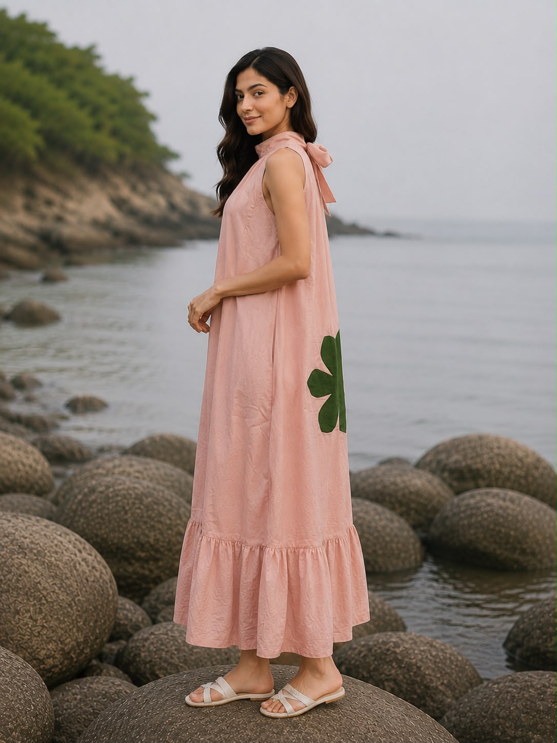 Blush Pink MulMul Halter Neck Floral Applique work Maxi Dress