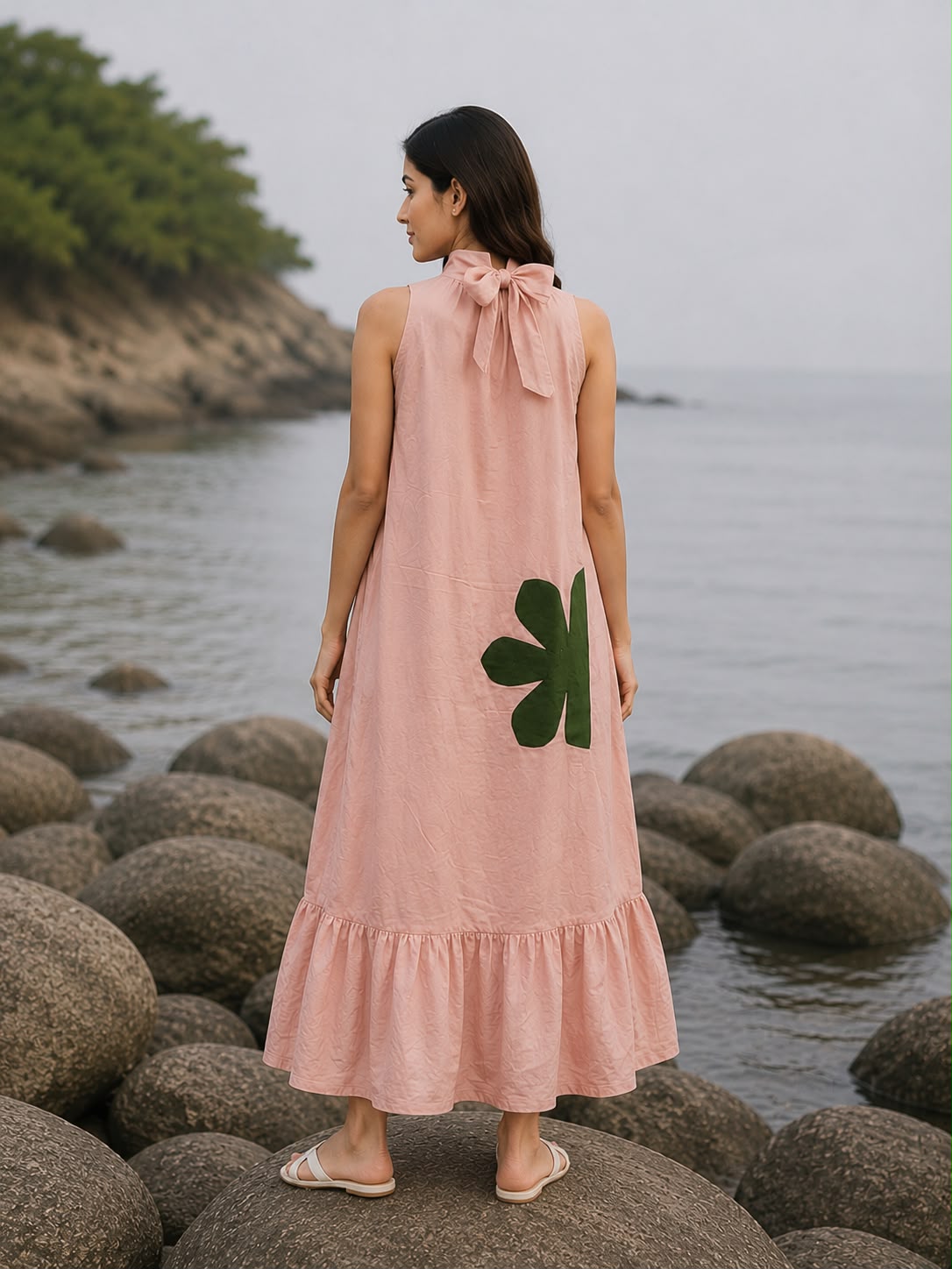 Blush Pink MulMul Halter Neck Floral Applique work Maxi Dress